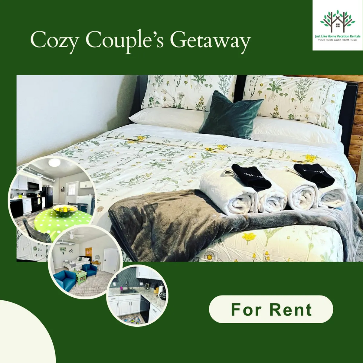 The image showcases a beautifully made bed with floral bedding and a soft throw blanket, creating an inviting and comfortable setting. Fresh, neatly arranged towels add a touch of luxury, while the overall ambiance is cozy and intimate, perfect for couples.
